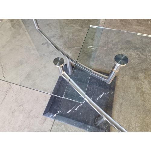 691 - Designer Glass Coffee Table with Two-Part Revolving Top Over Steel Supports and Black Marble Base, B... 