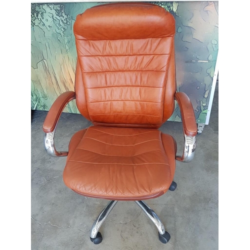 30A - Brown Leather Effect Office / Study Chair, Swivel, with Arms, Double Cushion, (a/f)