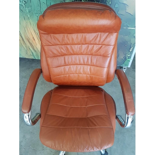 30A - Brown Leather Effect Office / Study Chair, Swivel, with Arms, Double Cushion, (a/f)