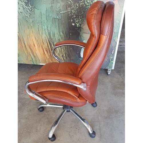 30A - Brown Leather Effect Office / Study Chair, Swivel, with Arms, Double Cushion, (a/f)