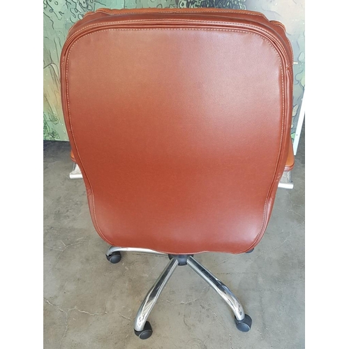 30A - Brown Leather Effect Office / Study Chair, Swivel, with Arms, Double Cushion, (a/f)