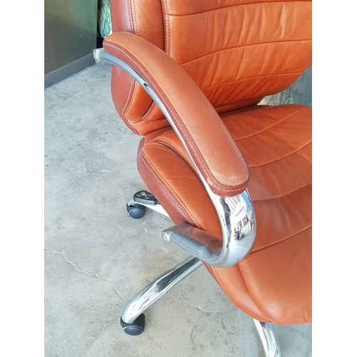 30A - Brown Leather Effect Office / Study Chair, Swivel, with Arms, Double Cushion, (a/f)