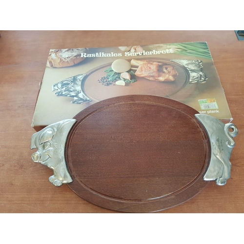 549 - 'BMF' Rustic Serving Board with Original Box; Wooden Board with White Metal Pig Head & Tail Carrying... 