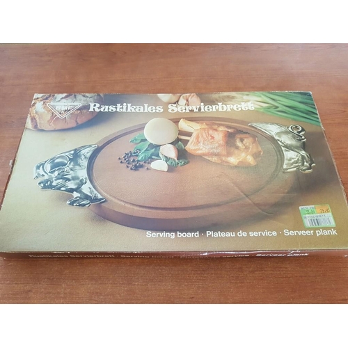 549 - 'BMF' Rustic Serving Board with Original Box; Wooden Board with White Metal Pig Head & Tail Carrying... 