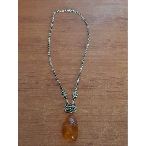 582 - Silver & Amber Tone Ethnic Style Decorative Chain with Stone Pendant