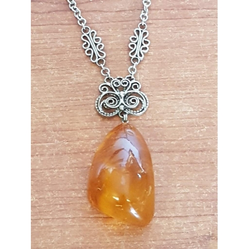 582 - Silver & Amber Tone Ethnic Style Decorative Chain with Stone Pendant