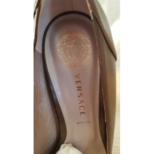 570 - Versace Brown Leather Pumps (High Heels, H: 13.5cm) on Square Heel, Size 39, Versace Vero Cudio, Mad... 