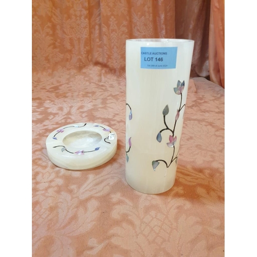 828 - Handmade Frosted White Glass Vase and Ashtray, with Inlaid Flower Pattern