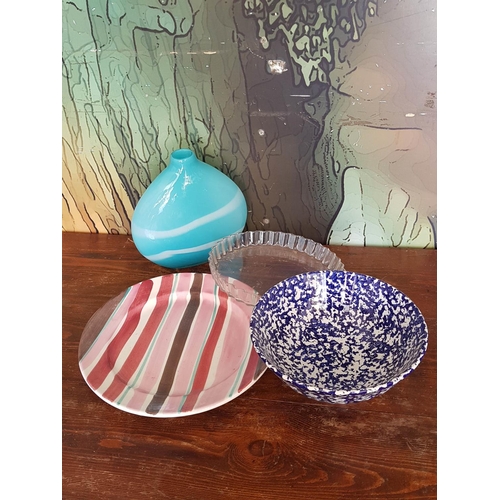 565 - Oversize Coloured Dishes; Big Round Stripped Plate (Ø34.5cm) Large Blue / White Porcelain Salad (Ø27... 