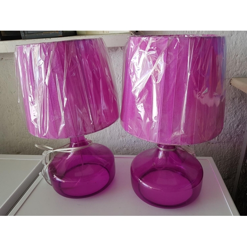 824 - Pair of Fuchsia Modern Table Lamps - Fuchsia Glass Base and Satin Lampshades (H:43cm each), Un-Used,... 