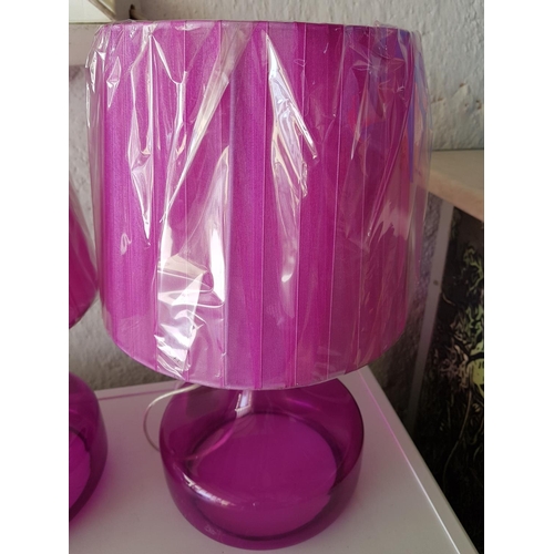 824 - Pair of Fuchsia Modern Table Lamps - Fuchsia Glass Base and Satin Lampshades (H:43cm each), Un-Used,... 