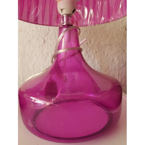 824 - Pair of Fuchsia Modern Table Lamps - Fuchsia Glass Base and Satin Lampshades (H:43cm each), Un-Used,... 