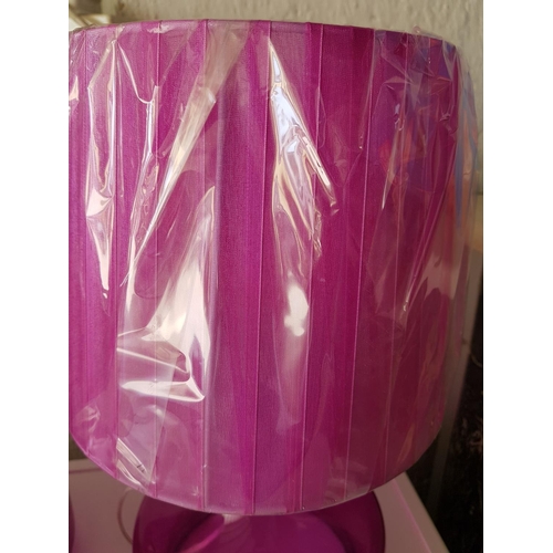 824 - Pair of Fuchsia Modern Table Lamps - Fuchsia Glass Base and Satin Lampshades (H:43cm each), Un-Used,... 