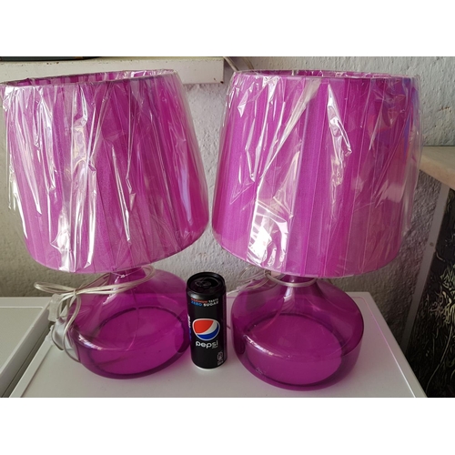 824 - Pair of Fuchsia Modern Table Lamps - Fuchsia Glass Base and Satin Lampshades (H:43cm each), Un-Used,... 