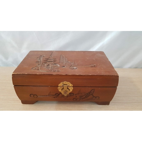 794 - Decorative Wooden Jewellery Box with Carved Oriental Pattern, Hinged Lid and Red Fabric Lined Fitted... 