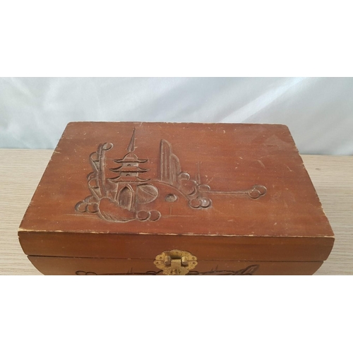 794 - Decorative Wooden Jewellery Box with Carved Oriental Pattern, Hinged Lid and Red Fabric Lined Fitted... 