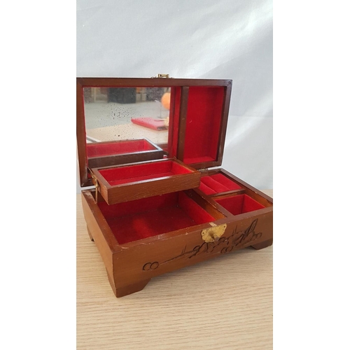 794 - Decorative Wooden Jewellery Box with Carved Oriental Pattern, Hinged Lid and Red Fabric Lined Fitted... 