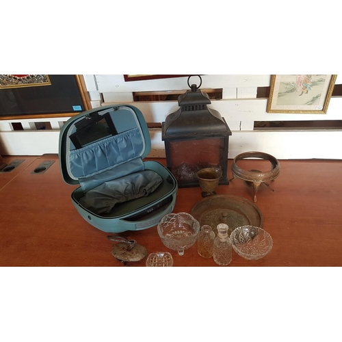 798 - Box of Assorted Items; Ladies Travel Bag, Retro Cut Glass Tableware, Brass & Copper Items and 'Firep... 