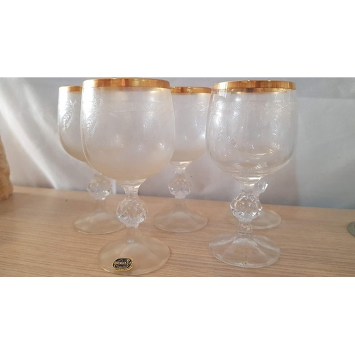 800 - Retro Style Bohemia Crystal (Made in Czech Republic) Set of 5 x Wine Glasses with Gold Rim and Engra... 