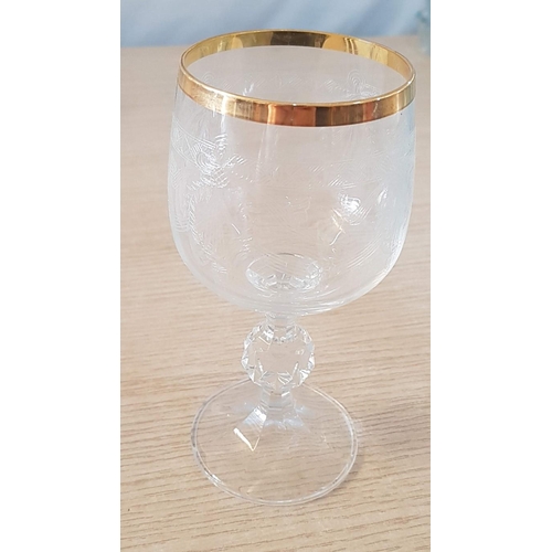 800 - Retro Style Bohemia Crystal (Made in Czech Republic) Set of 5 x Wine Glasses with Gold Rim and Engra... 