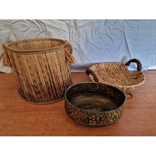 814 - Wicker Basket, Wicker Twin Handle Bowl and Decorative Metal Twin Handle Bowl, (3)