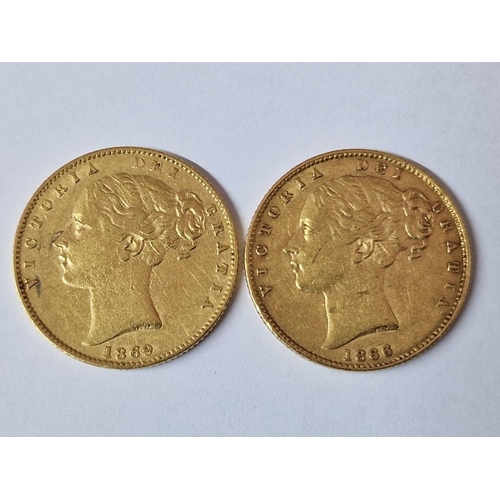 15 - 2 x Antique British Full Sovereign Gold Coins; 1866 and 1869 Queen Victoria Young Head, Shield Back,... 