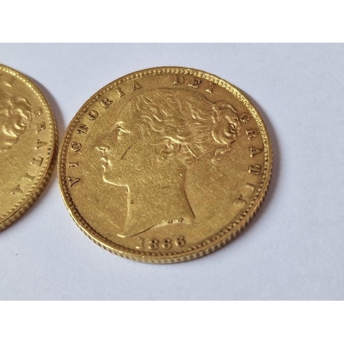 15 - 2 x Antique British Full Sovereign Gold Coins; 1866 and 1869 Queen Victoria Young Head, Shield Back,... 