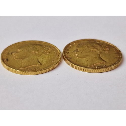 15 - 2 x Antique British Full Sovereign Gold Coins; 1866 and 1869 Queen Victoria Young Head, Shield Back,... 