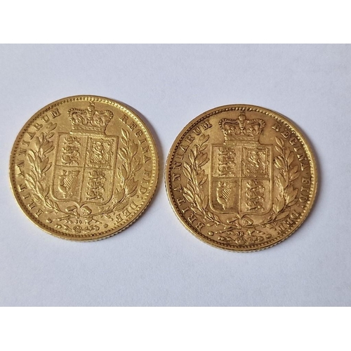 15 - 2 x Antique British Full Sovereign Gold Coins; 1866 and 1869 Queen Victoria Young Head, Shield Back,... 