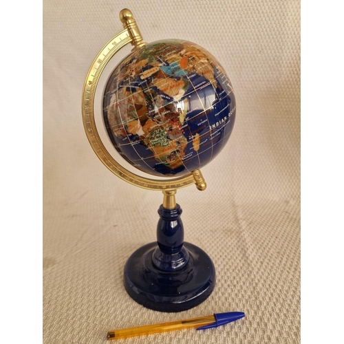 16 - Gemstone Globe, Revolving on Gold Tone & Cobalt Blue Base,  (Approx. H: 33cm)