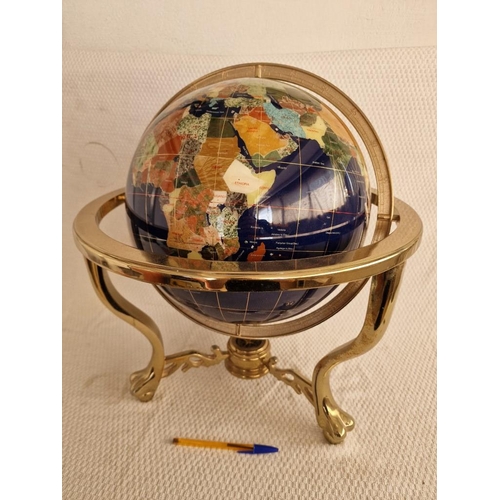 17 - Large Gemstone Globe on Gold Tone Stand with 360-degree Dual-Axis Rotation, with Compass in the Base... 