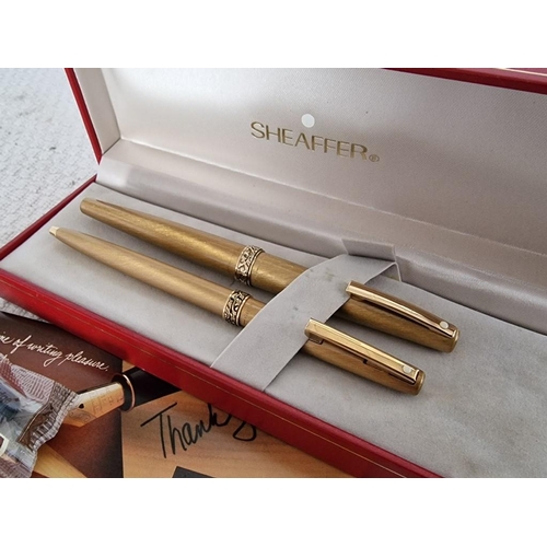 56 - Sheaffer 'White Dot' Double Pen Set in Red Presentation Case; Textured Gold Tone with Decorative Ban... 