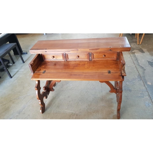 482 - Solid Wood Baroque Style Lyre Leg Desk / Writing Table with 3-Drawers, Circa 20th Century, (Approx. ... 