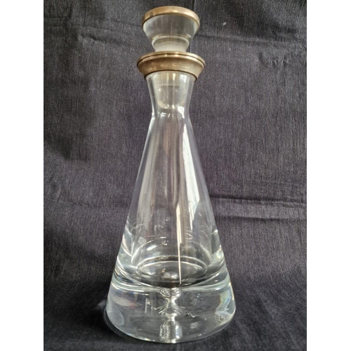 490 - Heavy Bubble Base Pyramid / Conical Shape Decanter with Sterling Silver Collar and Stopper Cover, Ha... 