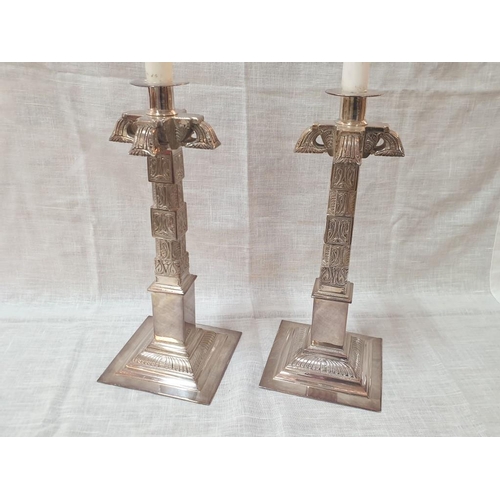 486 - A Pair of Fine Silver Plated Large Candle Sticks in Aztec Design on Square Base, Approx H:31cm (2) [... 