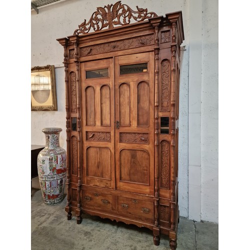 98 - Antique Cypriot Wardrobe with Decorative Carved Panels, Feature Carved Temple with Double Eagle, Dou... 