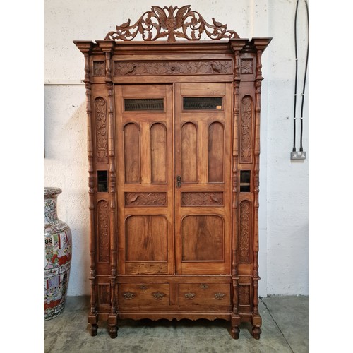 98 - Antique Cypriot Wardrobe with Decorative Carved Panels, Feature Carved Temple with Double Eagle, Dou... 