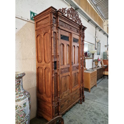 98 - Antique Cypriot Wardrobe with Decorative Carved Panels, Feature Carved Temple with Double Eagle, Dou... 