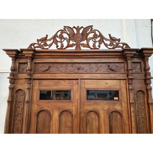 98 - Antique Cypriot Wardrobe with Decorative Carved Panels, Feature Carved Temple with Double Eagle, Dou... 