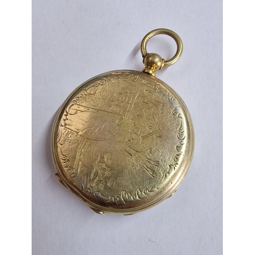 123 - Antique 18ct Gold Plated Pocket Watch with Decorative Case, Key Wound Movement, White Face with Roma... 