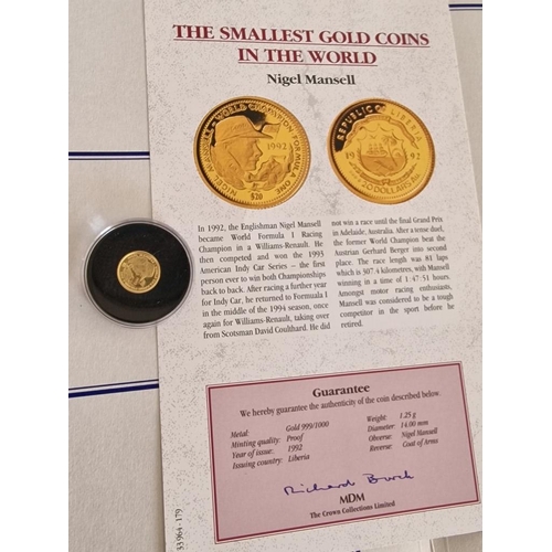 45 - 24ct Gold 'Nigel Mansell' (1992) Proof Coin, Liberia, 'The Smallest Gold Coins in the World' Collect... 