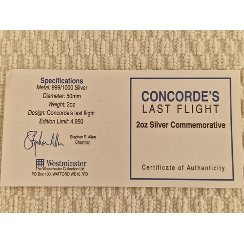 84 - Concorde's Last Flight; 2oz Fine Silver Commemorative Medal by Westminster, Limited Edition of Only ... 