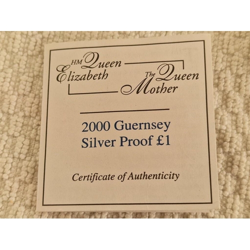 87 - Sterling Silver £1 Proof Coin, (2000), Guernsey, The Queen Mother, Limited Edition of 50,000, with P... 