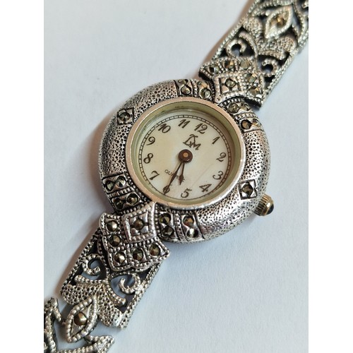 118 - Decorative Sterling Silver Ladies Wrist Watch with Filigree Strap and Inset Stones, Maker 'LM', Stam... 