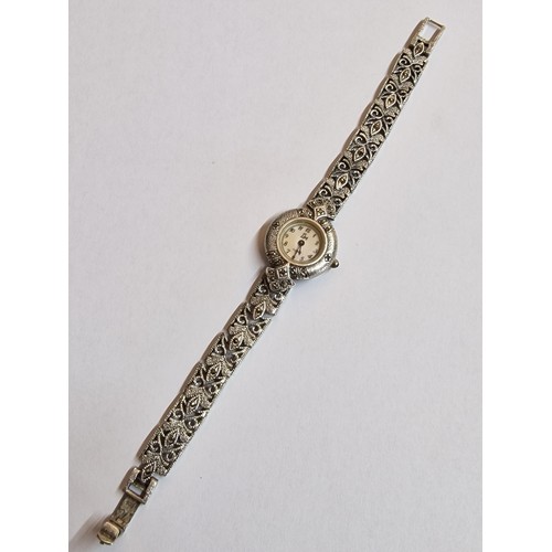 118 - Decorative Sterling Silver Ladies Wrist Watch with Filigree Strap and Inset Stones, Maker 'LM', Stam... 