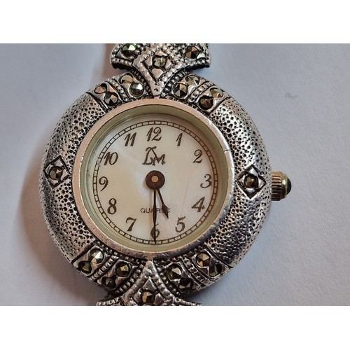 118 - Decorative Sterling Silver Ladies Wrist Watch with Filigree Strap and Inset Stones, Maker 'LM', Stam... 