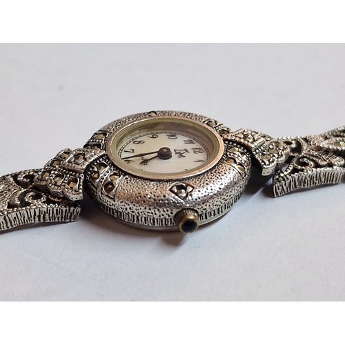 118 - Decorative Sterling Silver Ladies Wrist Watch with Filigree Strap and Inset Stones, Maker 'LM', Stam... 