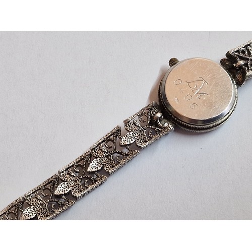 118 - Decorative Sterling Silver Ladies Wrist Watch with Filigree Strap and Inset Stones, Maker 'LM', Stam... 