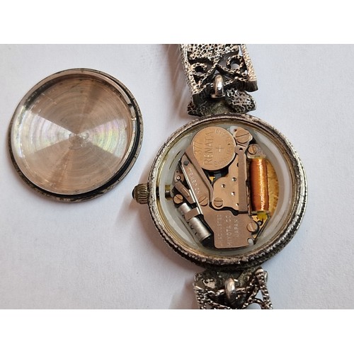 118 - Decorative Sterling Silver Ladies Wrist Watch with Filigree Strap and Inset Stones, Maker 'LM', Stam... 