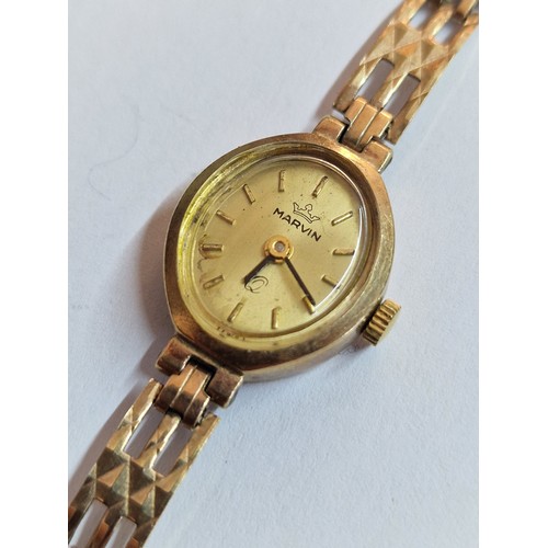 119 - Vintage 9ct Gold Cocktail Wrist Watch, Marked 'Marvin', with Champagne Face and Gold Baton Hour Mark... 